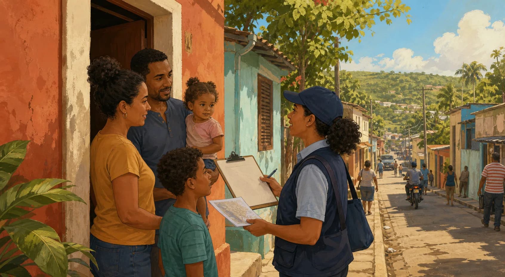 Ilustración editorial de una comunidad dominicana y sus capas de información territorial