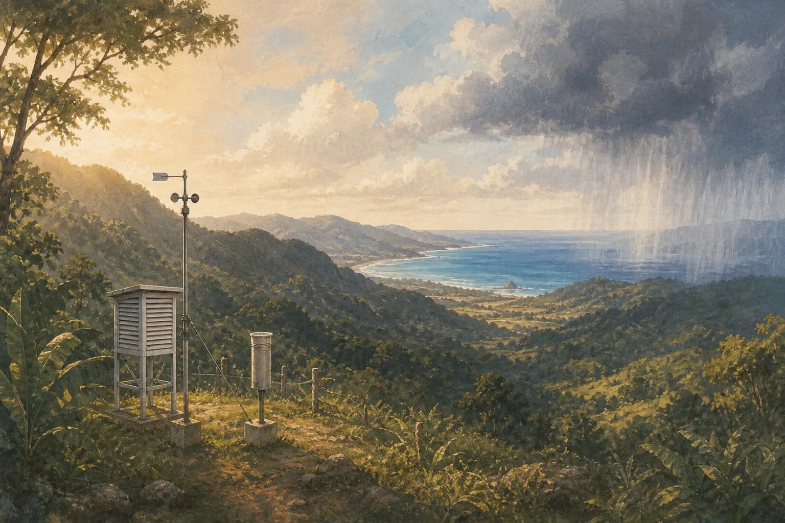 Ilustración editorial de instrumentos y paisaje para observar datos del territorio dominicano