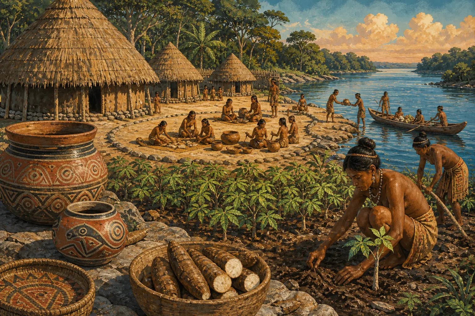 Ilustración editorial de una comunidad agroalfarera junto a un río, con cerámica decorada y cultivo de yuca