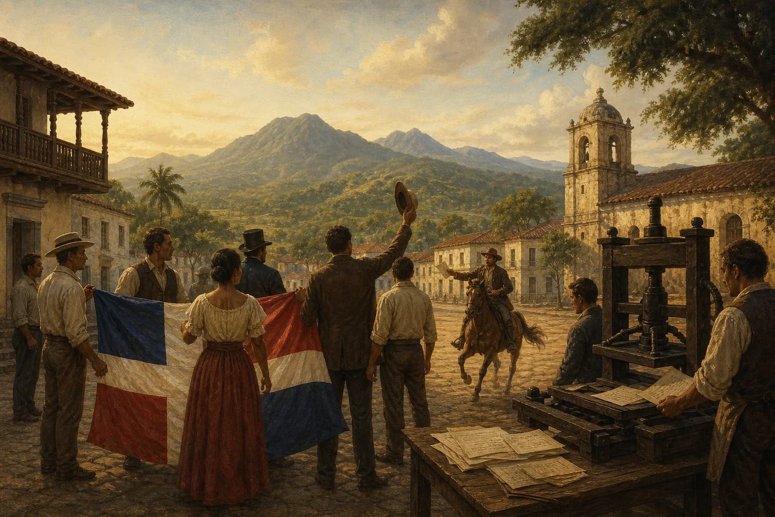 Ilustración editorial de una plaza de Santo Domingo durante una transición política del siglo XIX