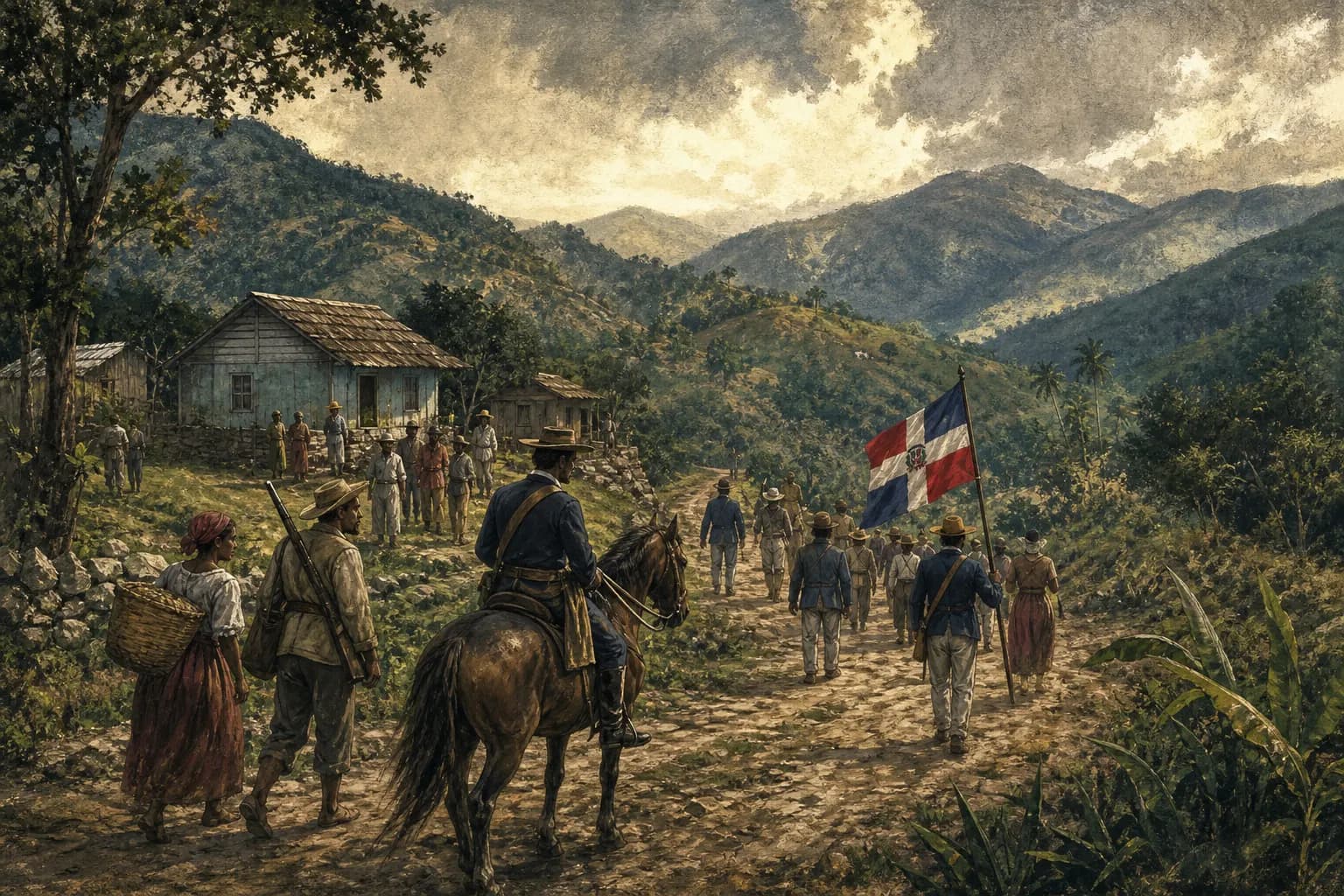 Ilustración editorial de una comunidad del siglo XIX entre montañas dominicanas
