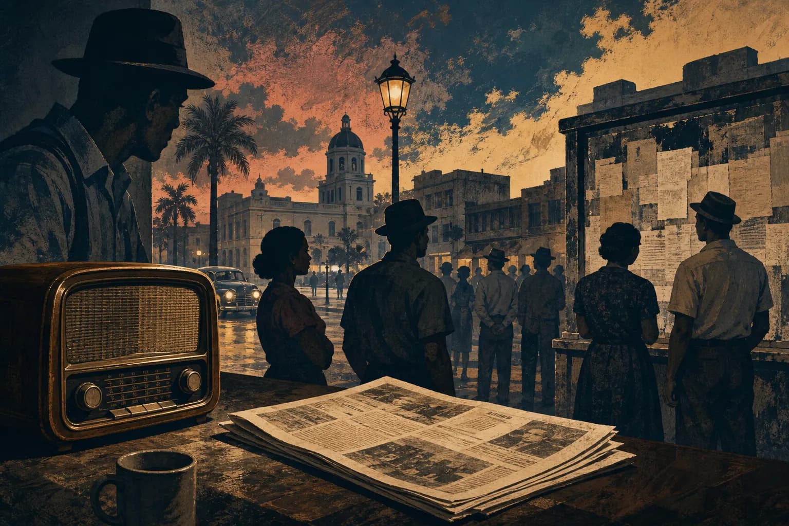 Ilustración editorial de radio, periódico y ciudadanía bajo presión política en el siglo XX dominicano