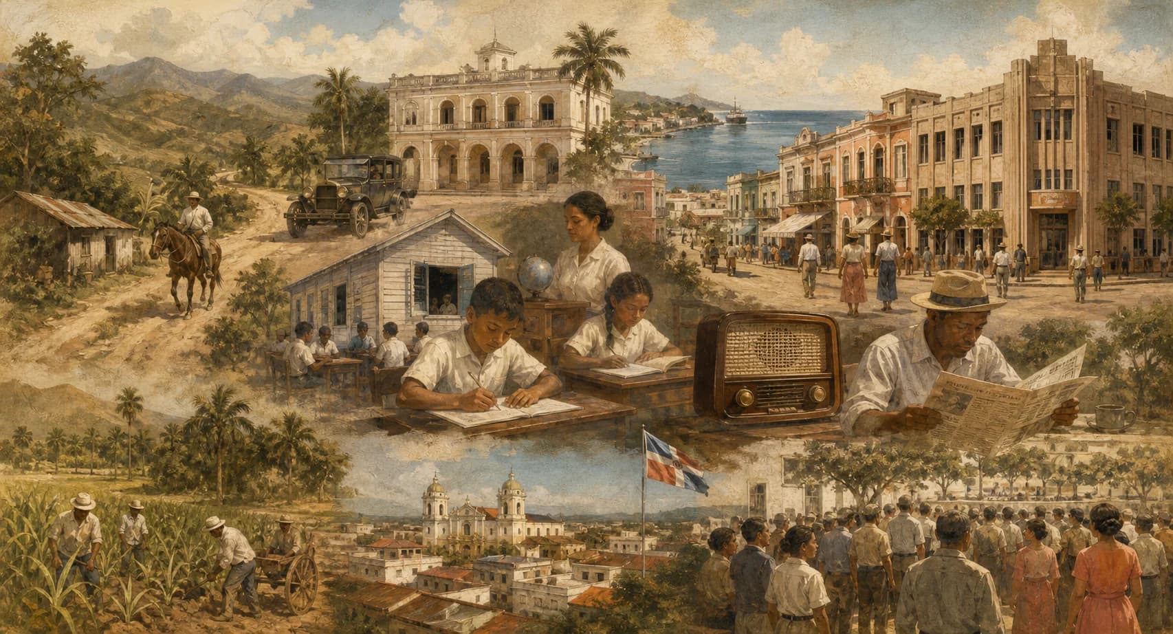 Ilustración editorial de una escuela, un globo y distintas comunidades dominicanas