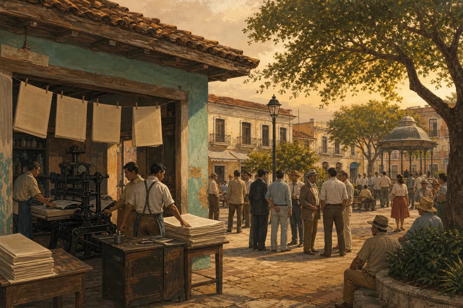 Ilustración editorial de una ciudad dominicana, una radio y ciudadanos durante una transición política