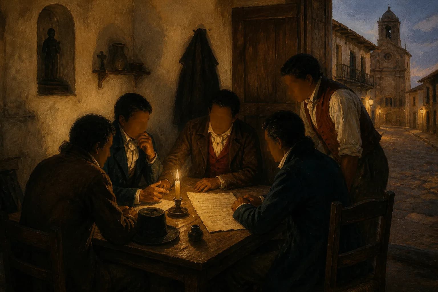 Ilustración editorial de una reunión clandestina de La Trinitaria en Santo Domingo en 1838
