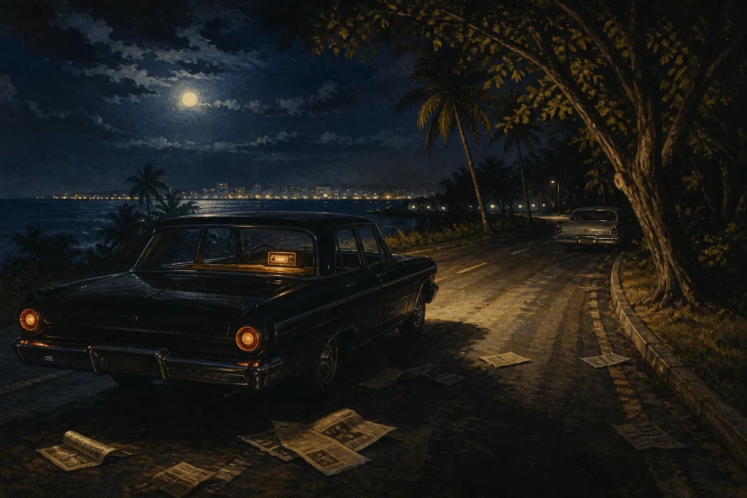 Ilustración editorial de una carretera costera y un automóvil durante la noche del ajusticiamiento de Trujillo