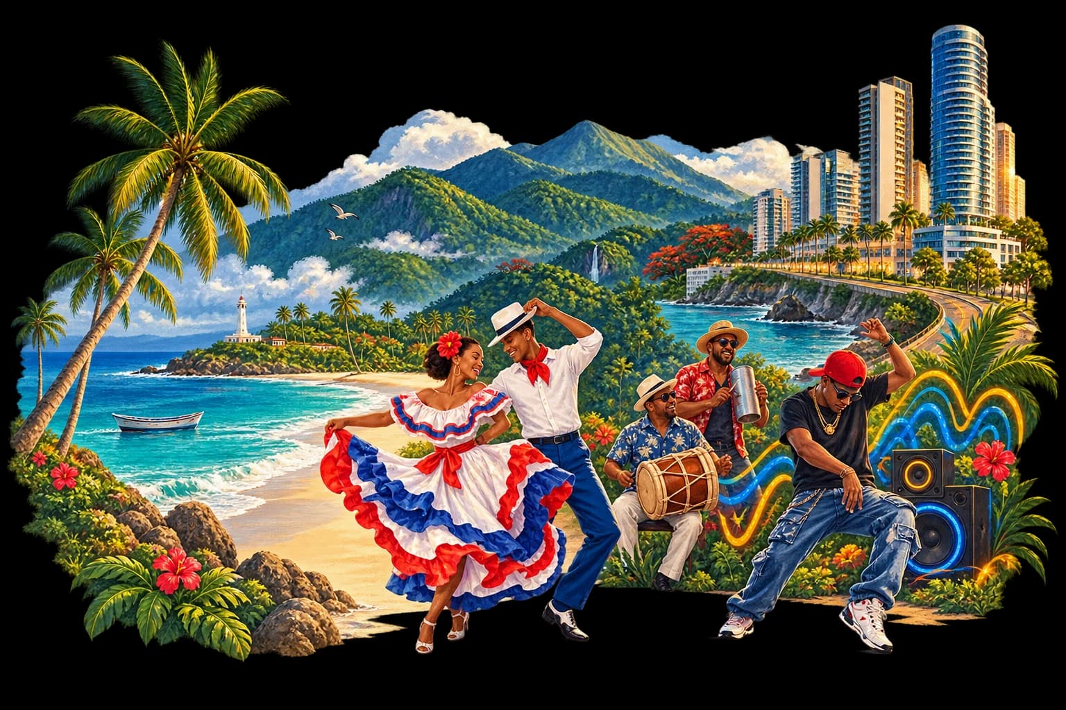Ilustración del territorio dominicano con playa, montañas, merengue, dembow y edificios de lujo